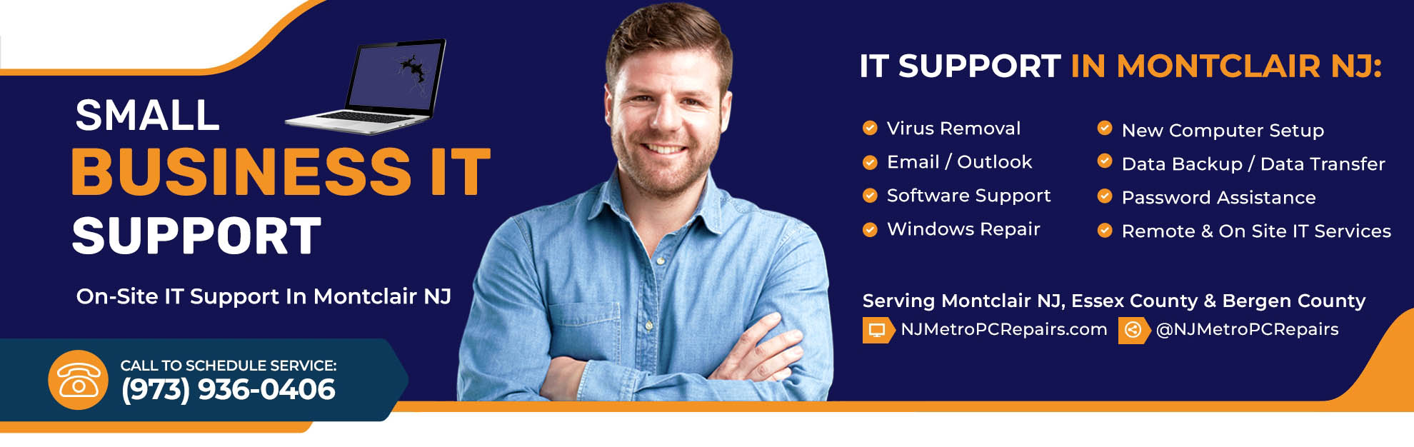 IT Support banner with confident smiling computer technician and a list of their IT services for SMBs in Montclair